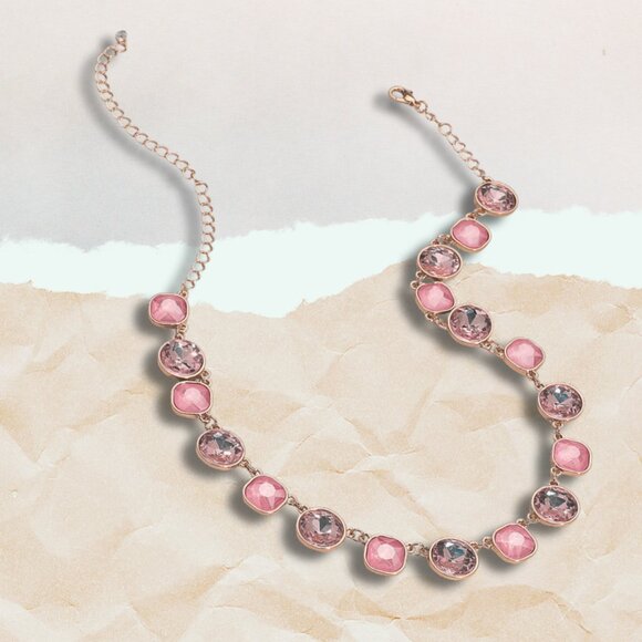Anthropologie Faceted Glass Beaded Gem Gold Link Necklace NEW Pink Crystals - Picture 3 of 7